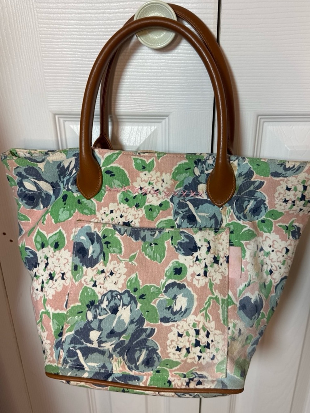 Jaclyn Smith Pink Floral Canvas Tote with Brown Handles